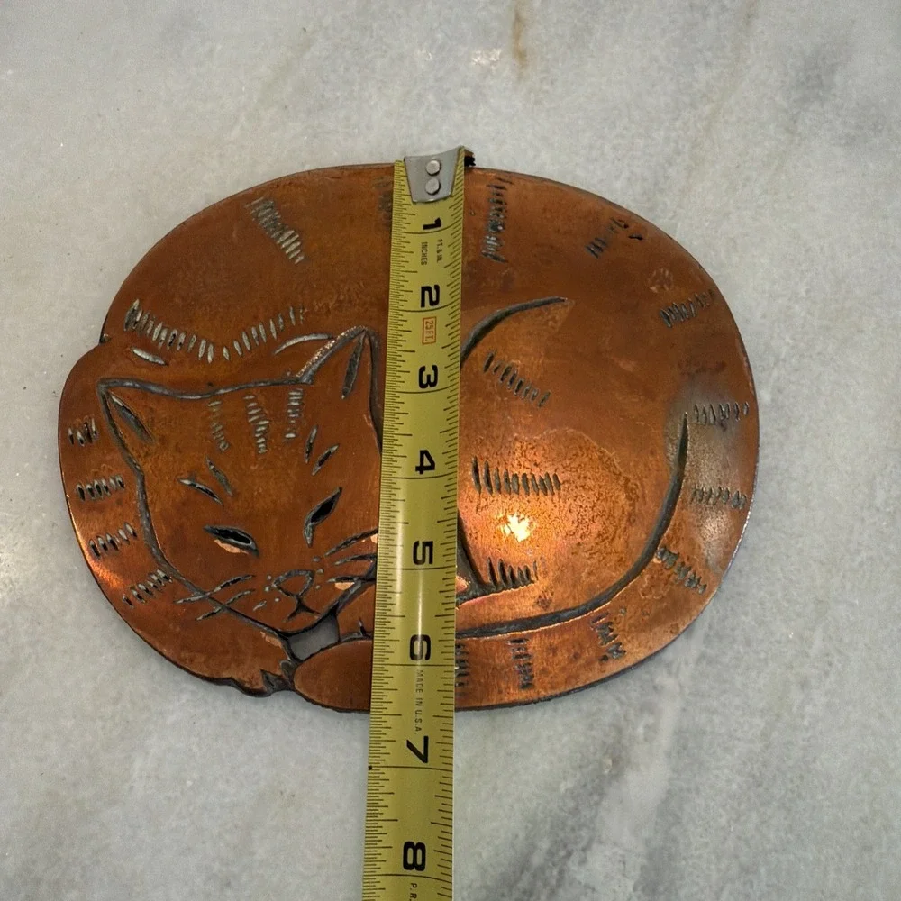 Vintage Copper Cat Trivet 8in Oval Mid Century Kitchen Decor OLA003